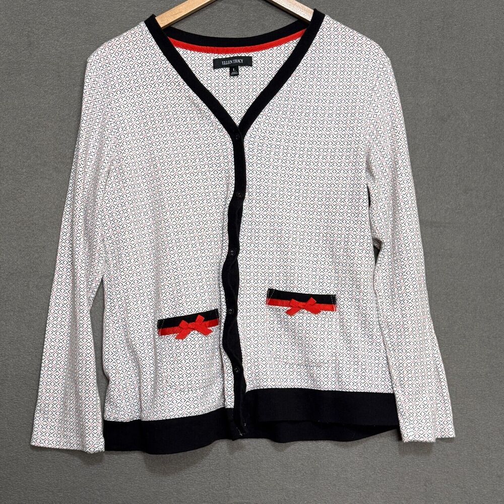 Ellen Tracy Cardigan Sweater Large Button Down Cotton Pockets with Bows V-Neck